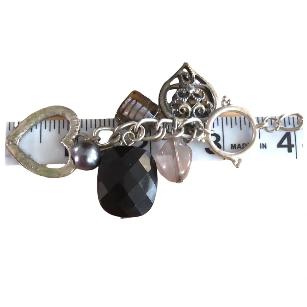 Dangle Romantic Goth Charms Toggle Silver Tone Hearts Y2K Necklace Choker - Picture 6 of 6